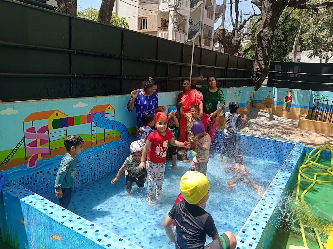 Kids splashing and playing in outdoor pool