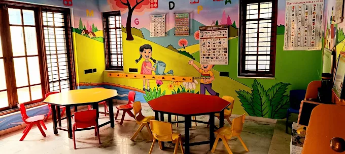 Colourful classroom with desks and mural